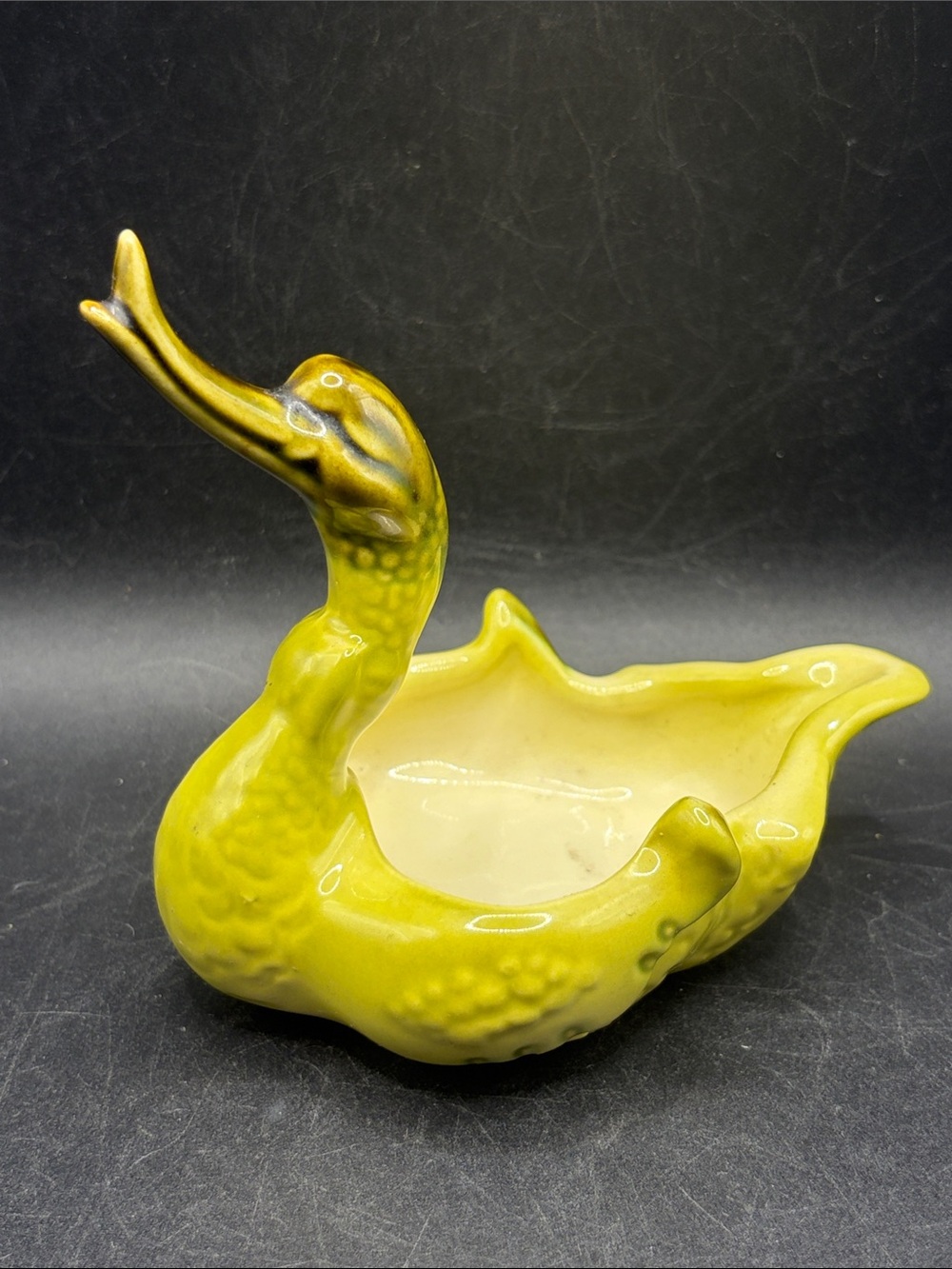 Vintage MCM Chartreuse Goose Swan Pottery Trinket Dish Bird Keepsake Dish - Picture 2 of 7
